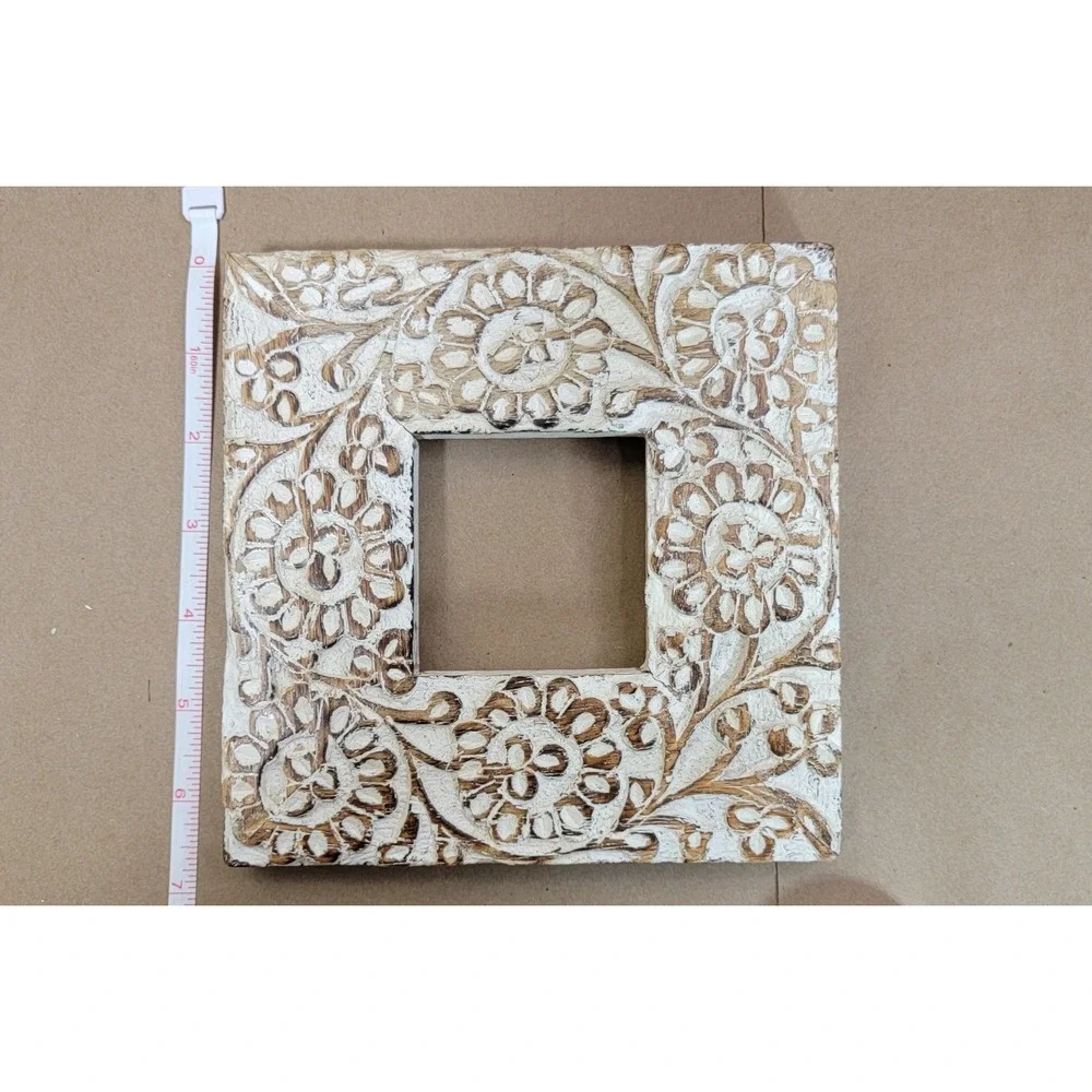 Hand Carved Floral Wood Picture Frame Square Whitewash Boho Rustic 6.5x6.5